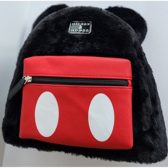 Mickey Mouse Disney Black Furry Backpack Red Front Pocket Ears & Luggage Tags - Picture 4 of 15